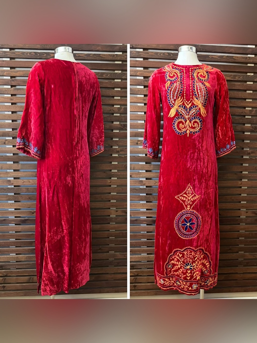 Vintage 1960s 1970s Red Crushed Velvet Blue & Gold Embroidered 3/4 Sleeve Dress